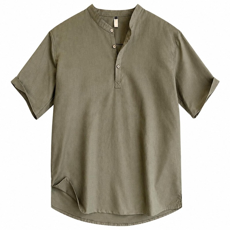 メンズ tシャツ 半袖 体型カバー ゆったり ヘンリーネック シャツ スタンドカラー 綿麻? カジュアル トップス 涼しい 夏服 大きいサイズ チャイナカラー 襟付き 薄手 無地｜マルヤ物流サービス