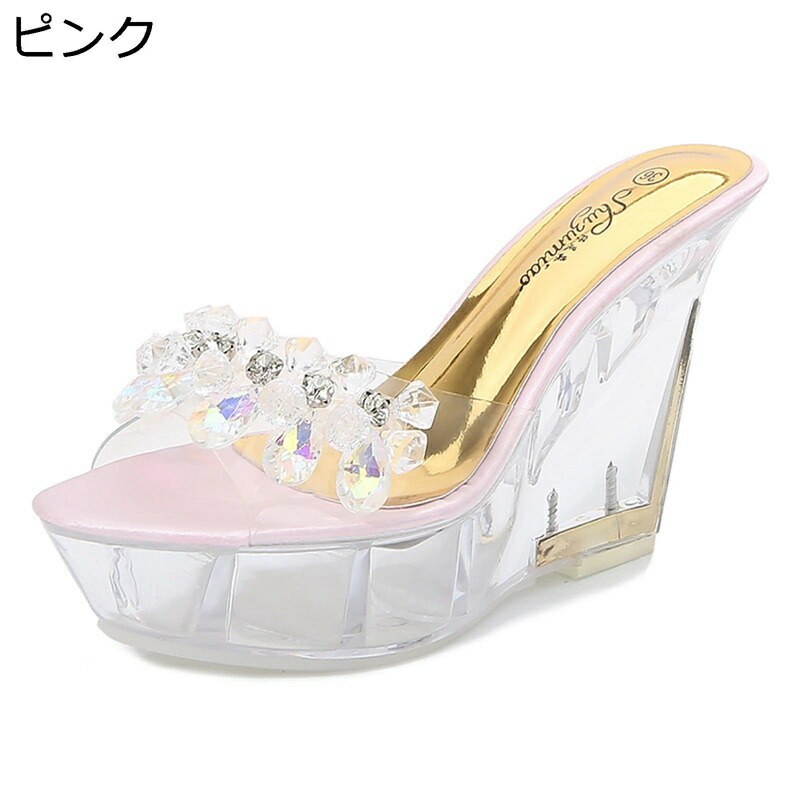 大きいサイズ ミュール 10.5cmヒール レディース サンダル ビジュー付き花柄 クリアヒール オープントゥ メタリック 夏 レジャー オシャレ ウェッジヒール スリッポン キャバ 女子会 日常