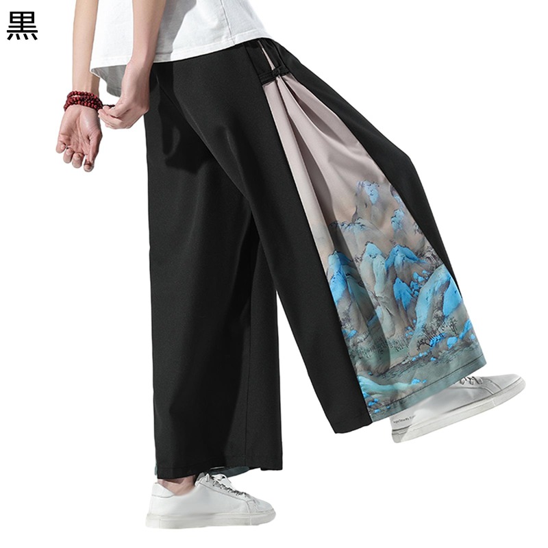 サルエルパンツ メンズ ワイドパンツ 袴パンツ 部屋着パンツ 9分丈 ストレート ロング ベルト付き パッチワーク ゆるゆる 四季 快適 軽快 汗染み防止 蒸れにくい 日系 和柄 きれい 若者 デイリー 外履き