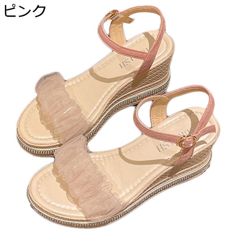 ウェッジサンダル スパンコール ラインストーン レース レディース 甲ストラップ ハイヒール ウェッジヒール 厚底サンダル レトロ ユニーク トレンド 会社用 撮影 普段使い フェミニン 夏