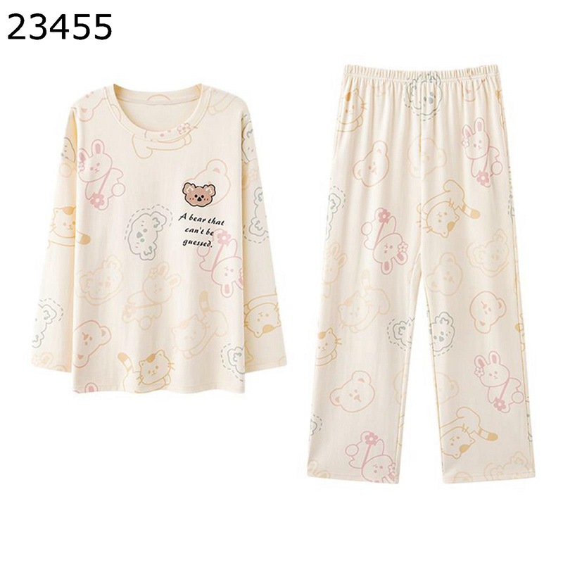 レディース ルームウェア クマ柄 丸首 上下セット パジャマ ナイトウェア 春秋服 部屋着 寢巻き 伸縮性ウエストゴム 肌着パジャマ 長袖 ロングパンツ ペアパジャマ シンプル 大人 寝間着 普段用