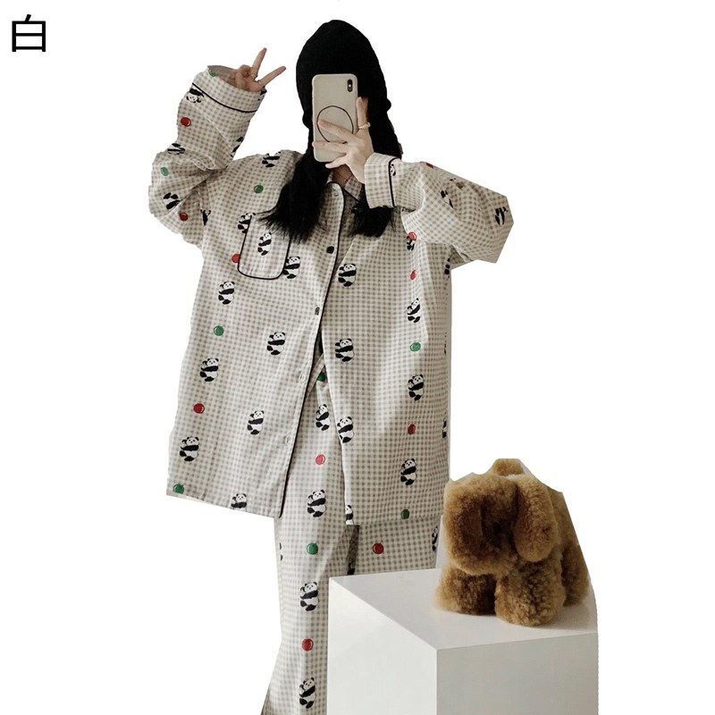 パジャマ 寝巻き 大きいサイズ パンダ柄 格子 果物柄 レディース ルームウェア 部屋着 2点セット シャツ 長袖 ロングパンツ 春夏秋 前開き ペアパジャマ よい手触り お姫様 可愛い 5,298円