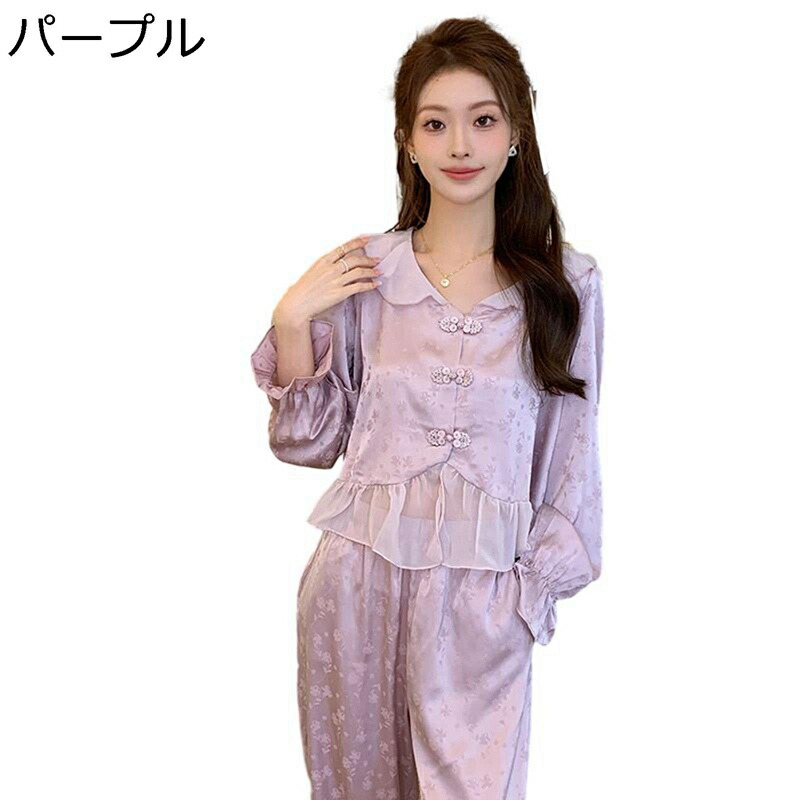 レディース お部屋お召しもの フラウンス 刷り上げる 人絹 上下仕掛ける パジャマ 前食い違い 名取り草付き添い人 Vのど首 年月着 お部屋着 寢巻き 肌付きパジャマ 長袖 ロングズボン下 ありの実パジャマ 姫系 御内儀風