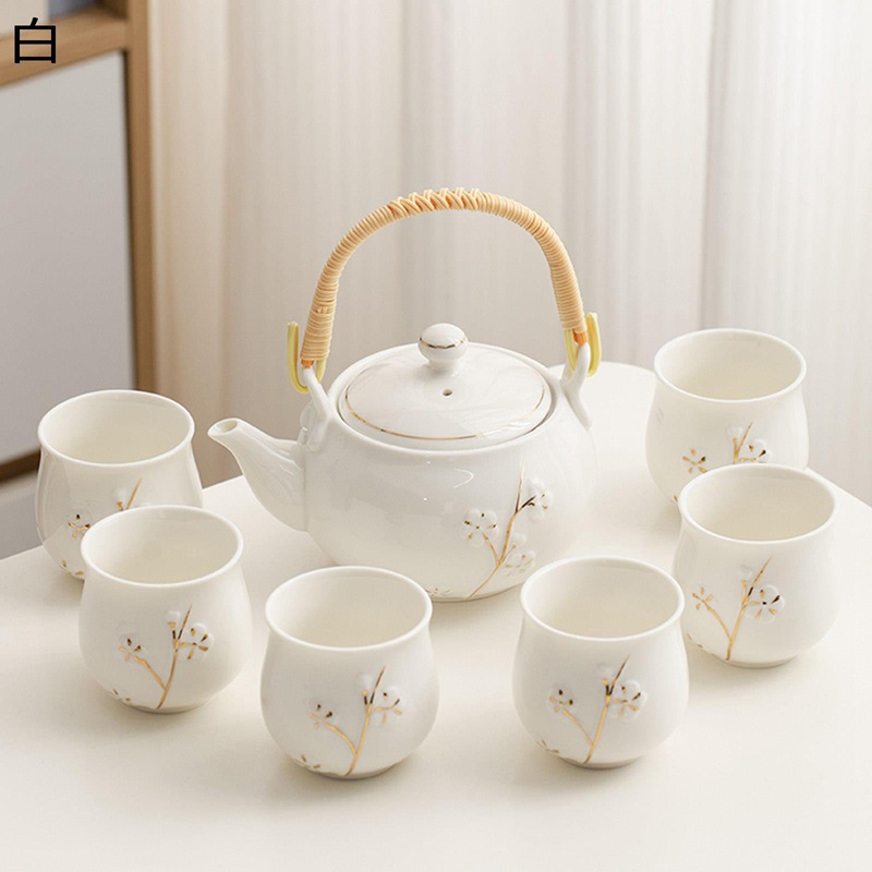 茶具セット 湯呑セット 白 緑 陶器 浮き彫り ケース付き 7点セット 湯呑みセット 旅行ティーセット ティーポット エレガント 工夫茶 日本茶 台湾茶 ウーロン茶 紅茶 ポット 簡約 モダン エレガント 伝統工芸品