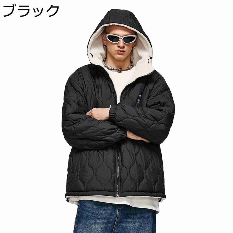 キルティング ブルゾン メンズ 中綿入り フード付き 中綿コート 長袖 裏起毛 ラムウール S～2XL 立ち襟 ジッパー ダウンジャケット ゆったり 冬服 コート アウター 防寒ウェア 春秋冬 暖かい