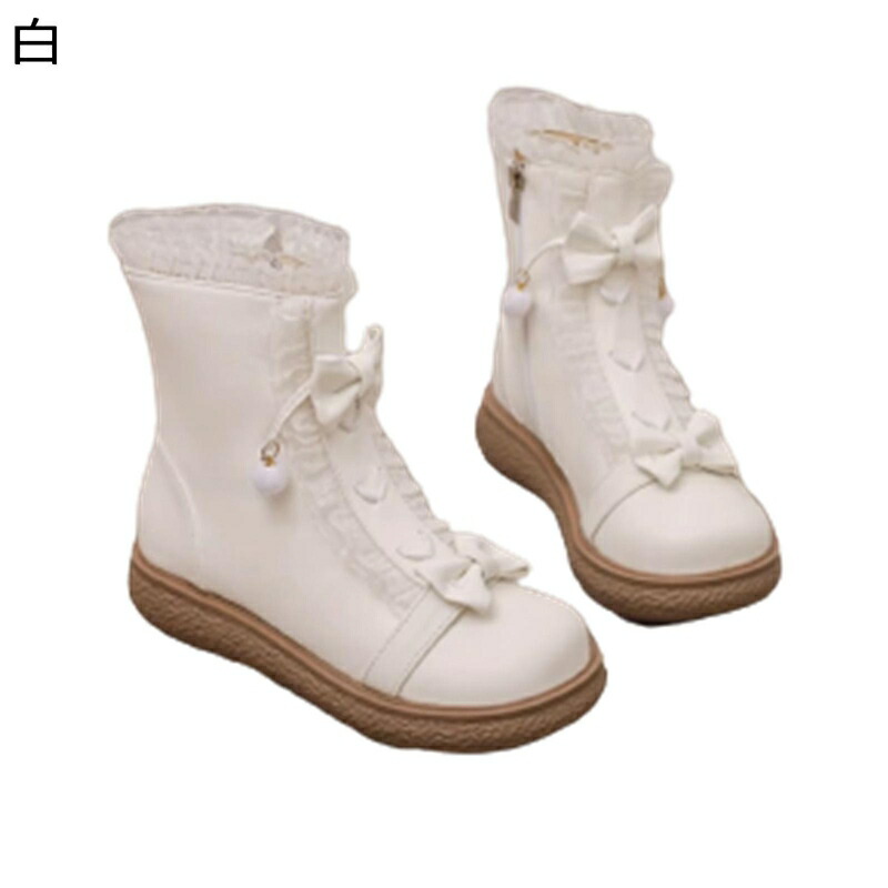 19.0cm-24.5cm ショートブーツ ロリータブーツ 蝶結び リボン ポンポン付き レディース 小さいサイズ ジップアップ ミドルヒール チャンキーヒール ラウンドトゥ エレガント かわいい 6,039円