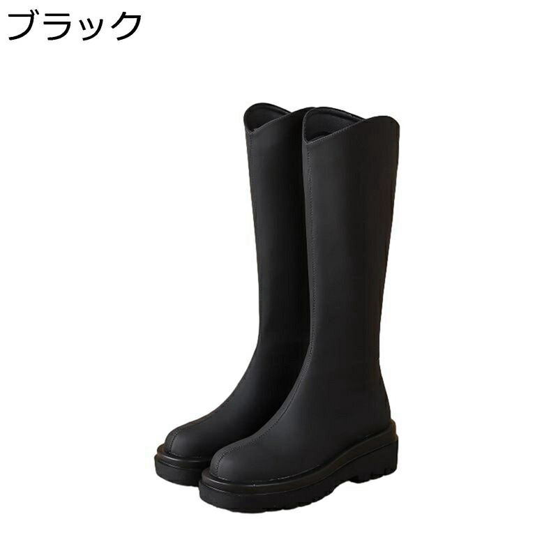気が大きい大きさ レディース ブーツ 厚底 バックジップ ラウンドトゥ たわい無い大きさ 踵：6コマーシャル ロング丈 差しつかえる踵 高筒ブーツ サイハイブーツ 疲れにくい パステル色の 秋冬 PUなめし革
