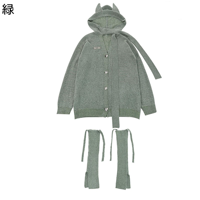 編み物 ジレー y2k 仕掛地雷系 ハート形名取り草付き添い人 猫耳 ボンネット付き添い人 重ね着 レディース 長袖 秋冬ジレー ティーシャツ 保温 開襟 汗水 アウター 羽織もの 好いたらしい 原宿風 ゆったり
