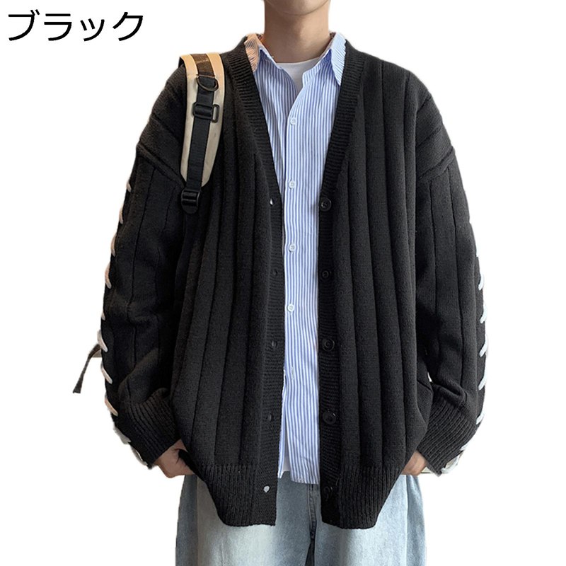 メンズ カーディガン 切り替え ステッチ ニット 長袖 Vネック スウェット ストライプ アウター コート ボタン 前開き 春秋服 日系 着心地いい 薄手 ファッション ヴィンテージ 韓国風 トップス 日常 4,181円