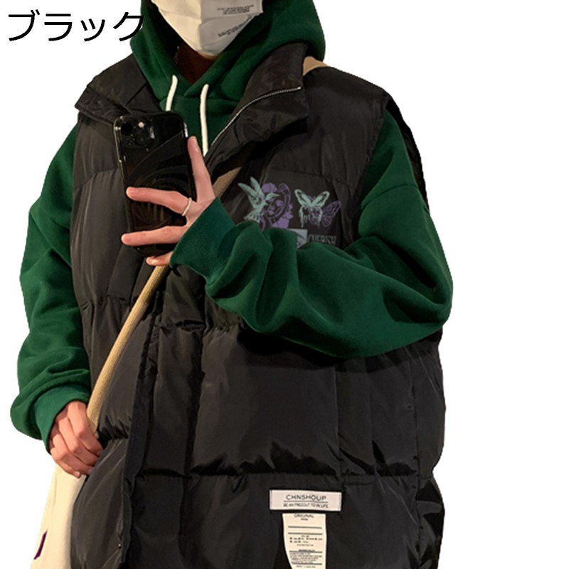 中綿より良い 落書き ゴシック風 立ち襟 衣嚢 メンズ 防寒より良い 中綿入 ノースリーブ ベスト 秋冬 袖なし上衣 パファーベスト 落ちこむ綿織物 生あたたかい 通学 余暇 好いたらしい 体?せ