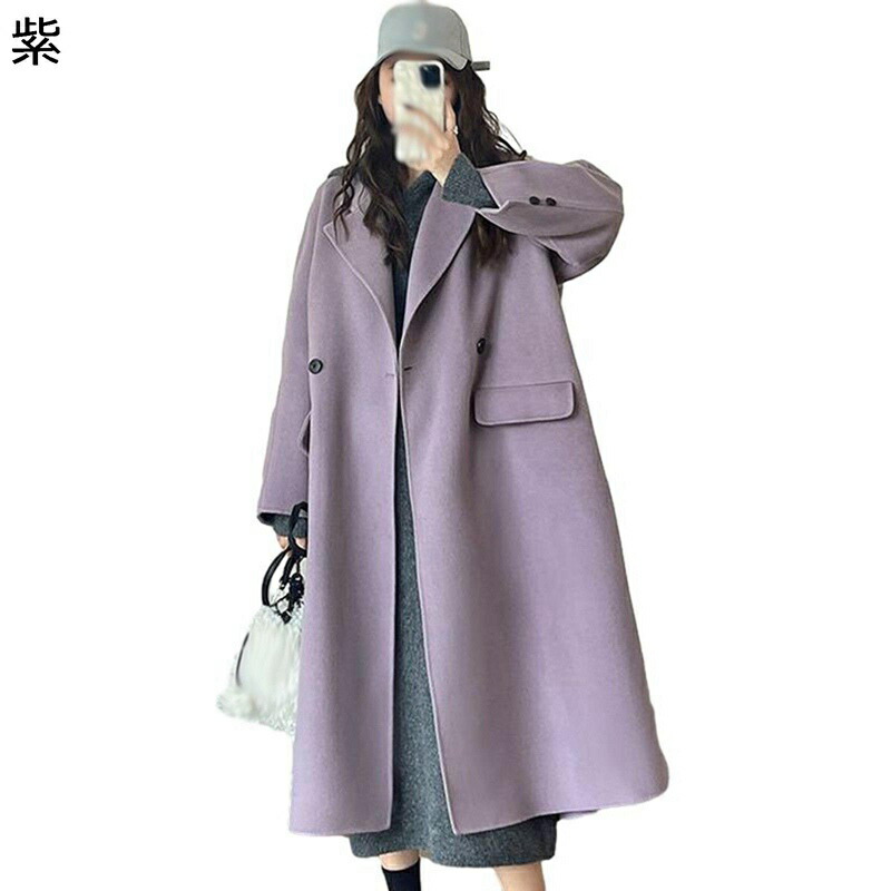 ラシャコート レディース チェスターコート ロング丈 ロングコート 紫 パープル ポケット トレンチコート 冬服 秋服 長袖アウター 簡約 あったか 韓国風 ファッション 毛玉なし ソフト お出かけ 街着