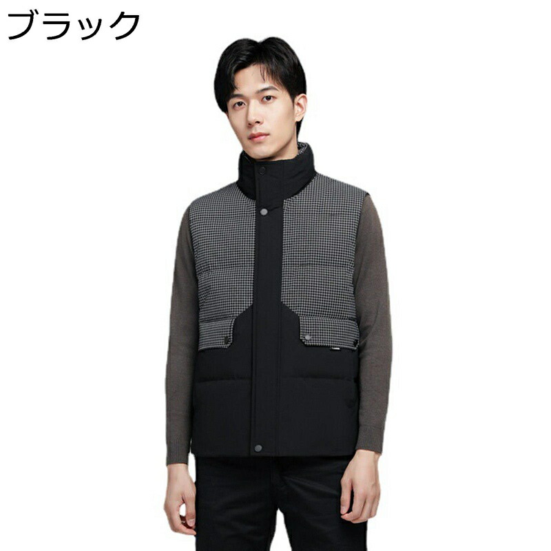 ダウンベスト メンズ 90ダウン チェック柄 パッチワーク ボタン付きポケット ショートダウン ウルトラライト 冬服 暖か 蓄熱保温 ノースリーブ アウターベスト 韓国風 スタンドカラー チョッキ ダウンジャケット