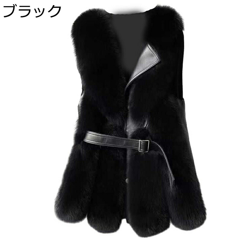 ファーベスト レディース 毛皮ベスト ロング 折り襟ベルト付き 細身 スリム チョッキ 冬着秋服 無袖 アウター おしゃれ フェイクファー キルティング 保温 オフィス 大人 着痩せ
