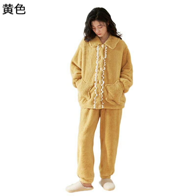 ルームウェア 寝巻き レディース パジャマ 上下セット フランネル レース飾り かわいい 無地 あったかい 防寒 敏感肌 もこもこ 厚い ぱじゃま 便利服 肌に優しい 女の子 エレガント 秋冬着
