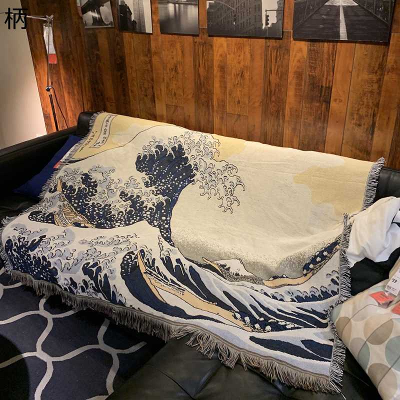 浮世絵 ブランケット ニット 膝掛け 肩掛け ソファーカバー テーブルクロス ベッドカバー 多機能 タッセル 挂毯 和室 和風和柄 毛玉なし 防寒保温 通年使用 多機能 インテリア 部屋飾り