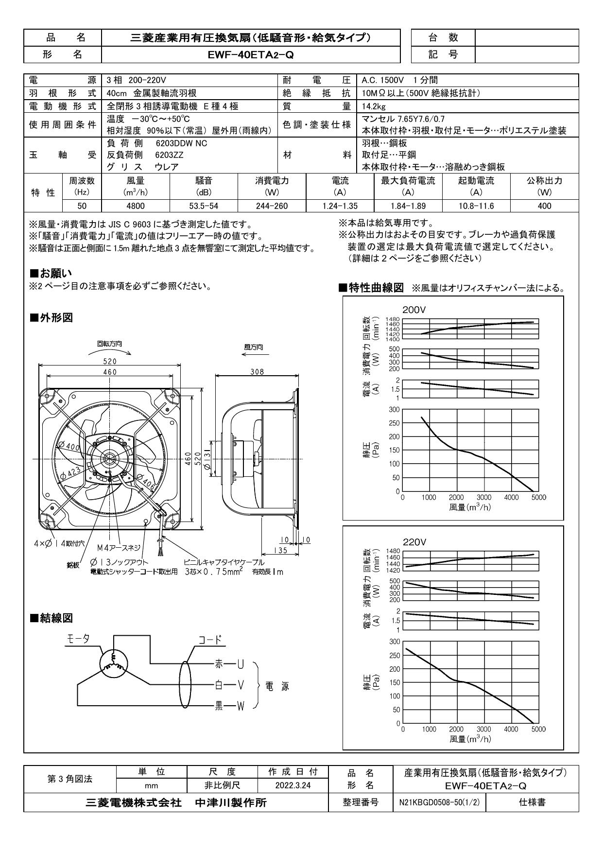 三菱電機 産業用有圧換気扇 低騒音形給気タイプ 給気専用 工場 作業場 倉庫 用 羽根径45cm EWG-45DSA2-Q srm