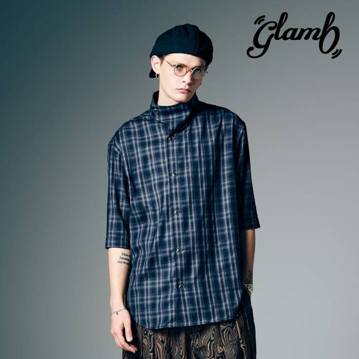 予約商品 glamb グラム 5分袖シャツ メンズ Stand Collar Check Shirt スタンドカラーチェックシャツ 夏 ブラウン ネイビー GB0226/SH08 18,095円