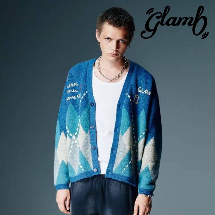 取っておく商いもの glamb 瓦 ジレー メンズ Beadswork Argyle Cardigan ビーズワークアーガイルカーディガン 青み 赤銅色 GB0326/KNT01 ブランド名 30代 40代 50代 好いたらしいめ 男 かっこいい オシャレ