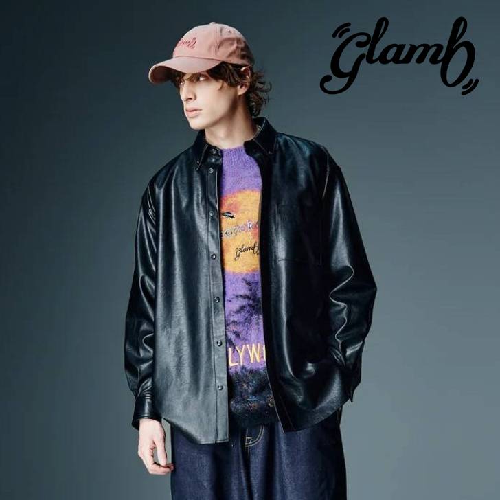 取っておく商いもの glamb 瓦 長袖ティーシャツ メンズ Synth Leather Button Down Shirt シンセレザーボタンダウンシャツ ぶどう酒 黒いこと GB0326/SH06
