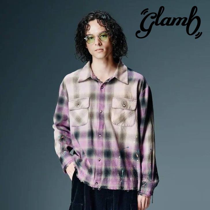 取っておく商いもの glamb 瓦 長袖ティーシャツ メンズ Paint Splash Check Shirt ペイントスプラッシュチェックシャツ サクラ色 米国海軍 GB0326/SH07