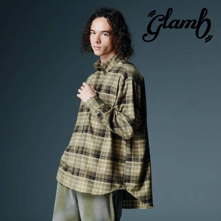 取って置く商いもの glamb 瓦 長袖プルオーバー メンズ Extra Big Check Shirt エクストラビッグチェックシャツ カーキ 赤銅色 GB0326/SH10