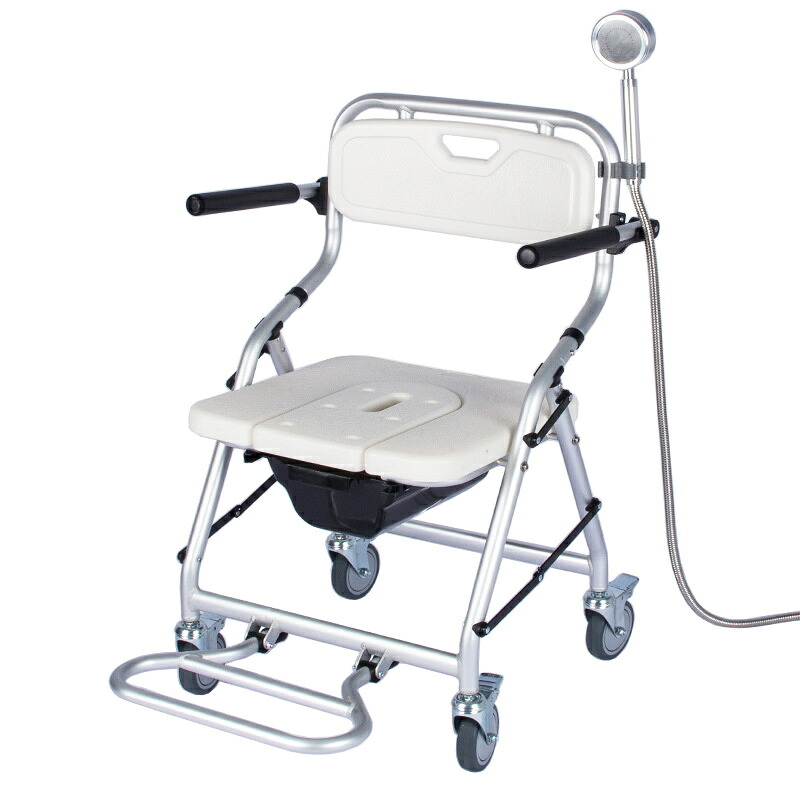 送料無料 椅子折りたたみ 入浴用車いす 介護 シャワーチェア 便器付き シャワーフック付き シートベルト付き U型シート 軽量 お風呂椅子 キャスター付 背もたれ バスチェア 軽量 滑り止め 防水 トイレ｜MASTER　GARDEN