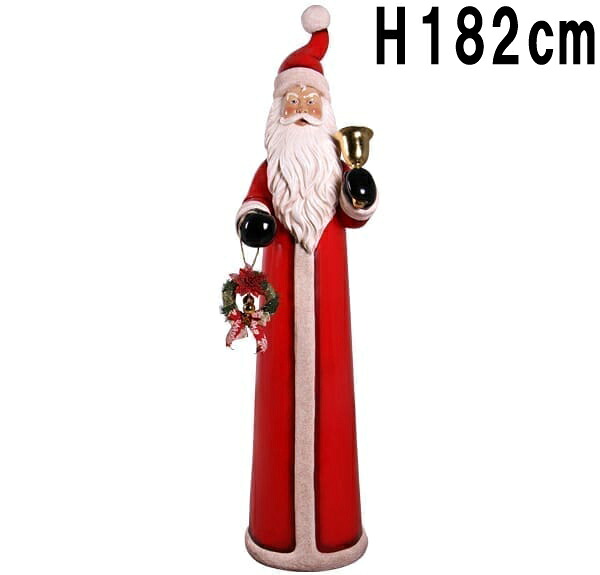 ベルとリースを持った細身のサンタ H182cm 大きい サンタクロース リアル オブジェ ディスプレイ Xmas クリスマス イベント 冬 インテリア 大型 特大 置物 看板 店舗 装飾 飾り かわいい おしゃれ レストラン カフェ 飲食店 FRP 赤 実物大 等身大 フォトスポット fr160156｜マスキ