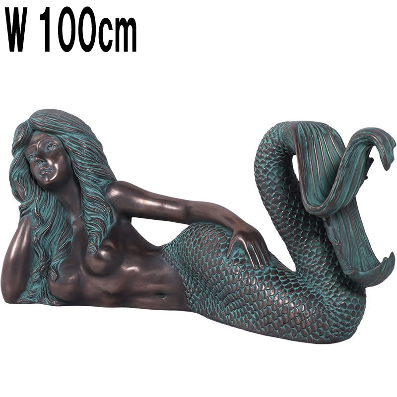 横たわる人魚カイア・ブロンズ仕上げ W100cm 銅像風 海 人魚姫 人魚 マーメイド アリエル風 人物像 大きい 大型 オブジェ 置物 看板 目立つ おしゃれ 店舗 装飾 飾り カフェ 喫茶店 飲食店 実物大 イベント フォトスポット リアル プラスチック FRP fr220057BR｜マスキ