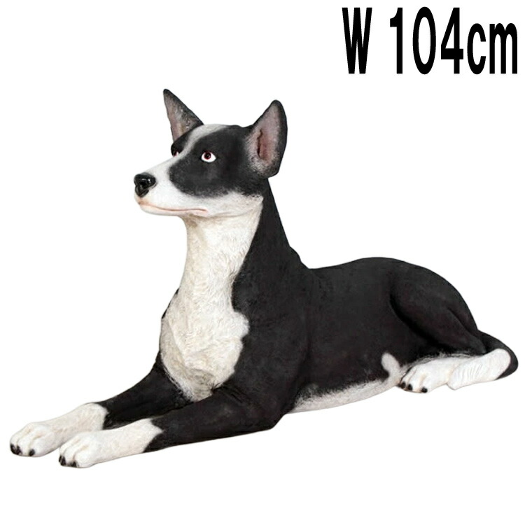 横たわるケルピー犬 W104珊 秘密捜査員 飼い犬 犬 牧羊犬  オーストラリアン ケルピー 毛の荒物 オブジェ 飾りつけ 図形 写し物 写実的 飾りつけ 実物大 等身大 貼り出し かざり付ける バス発着場 出来事 牧草地 栽培所 毛の荒物園 見せびらかす 可塑性物質 FRP 白 黒 中型 愛くるしい 軽さ fr100040