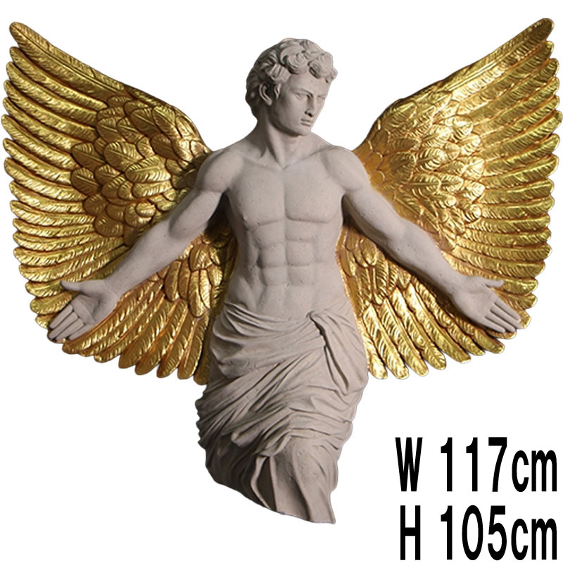 翼のある筋肉美の男性像 壁掛け W117cm 彫刻像風 フィギュア 天使 翼 大きい オブジェ 大型 ディスプレイ 等身大 実物大 大理石調 インテリア 置物 店舗 壁掛け 装飾 壁 飾り ウォールデコ フォトスポット おしゃれ 金 ゴールド fr250164｜マスキ
