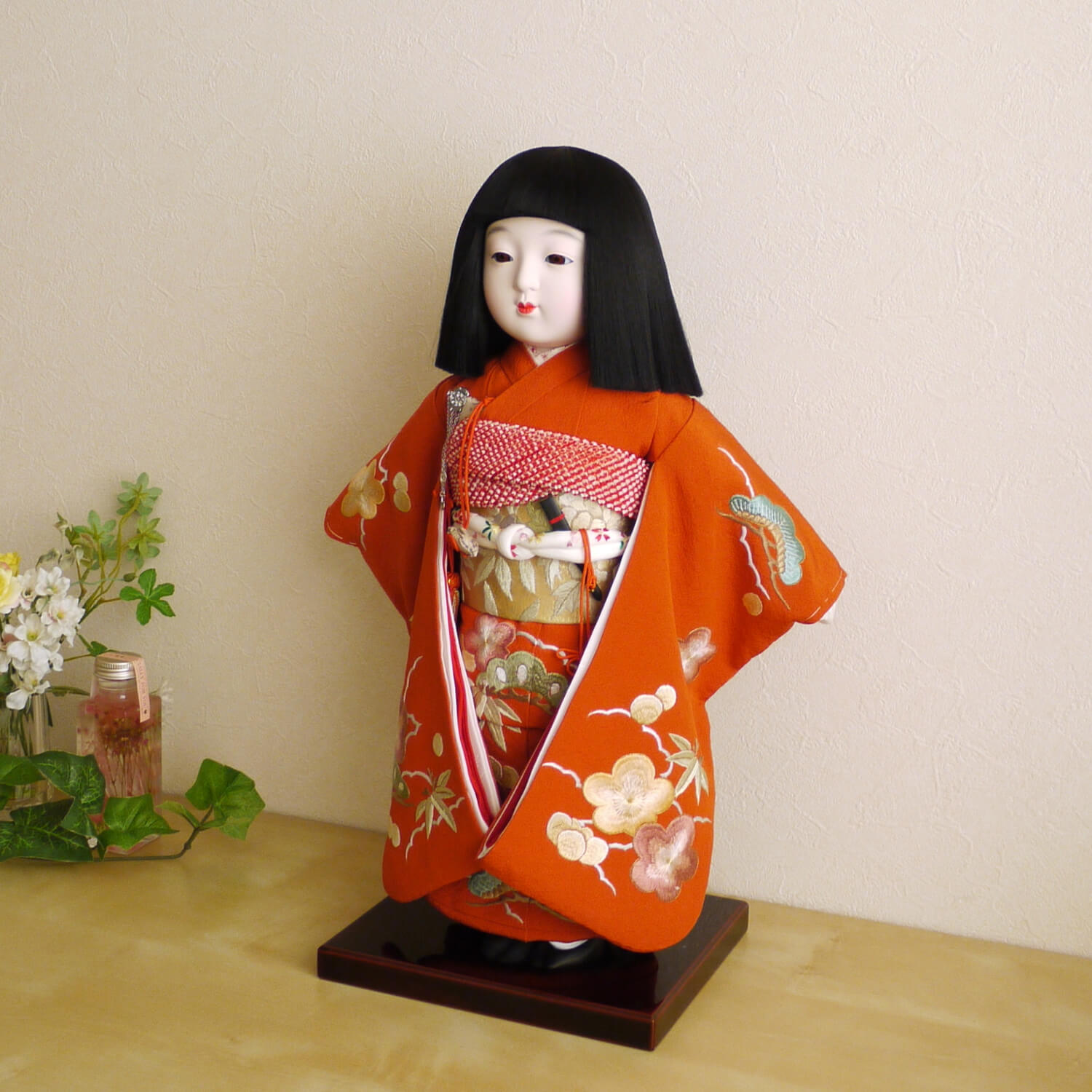 増村限定品 元賀章介作 12号 尺二 正絹手刺繍 松竹梅 エンジ色 手塗本漆台 増村人形オリジナル作品 市松人形 女の子 かわいい 上品 童 国産 雛人形 お雛様 おひなさま お雛さま Andapt Com