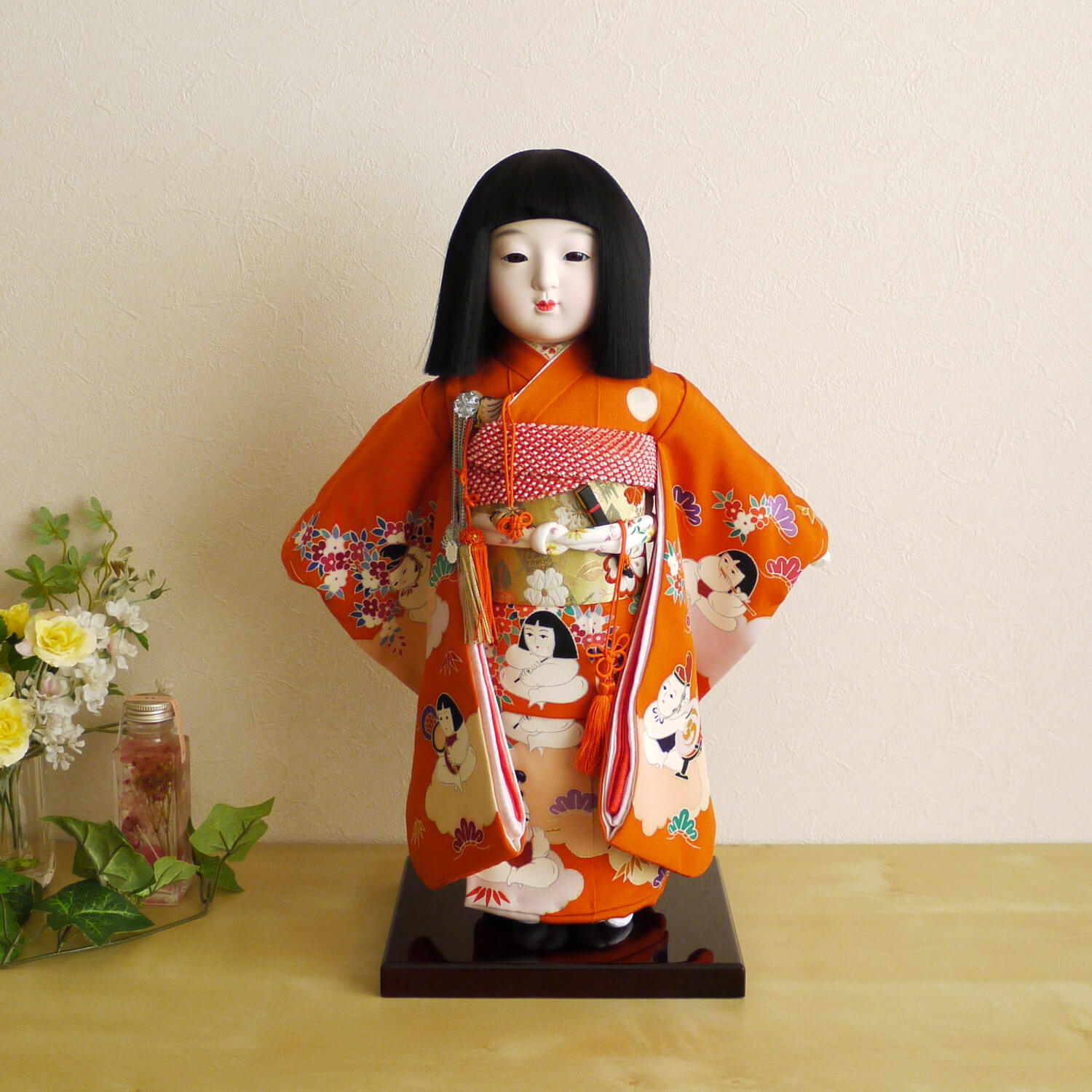 開梱 設置 無料 女の子 増村人形オリジナル作品 市松人形 越前塗台 朱色 雲に御所人形 12号 尺二 正絹手描 増村限定品 元賀章介作 かわいい お雛さま おひなさま お雛様 雛人形 国産 童 上品 市松人形