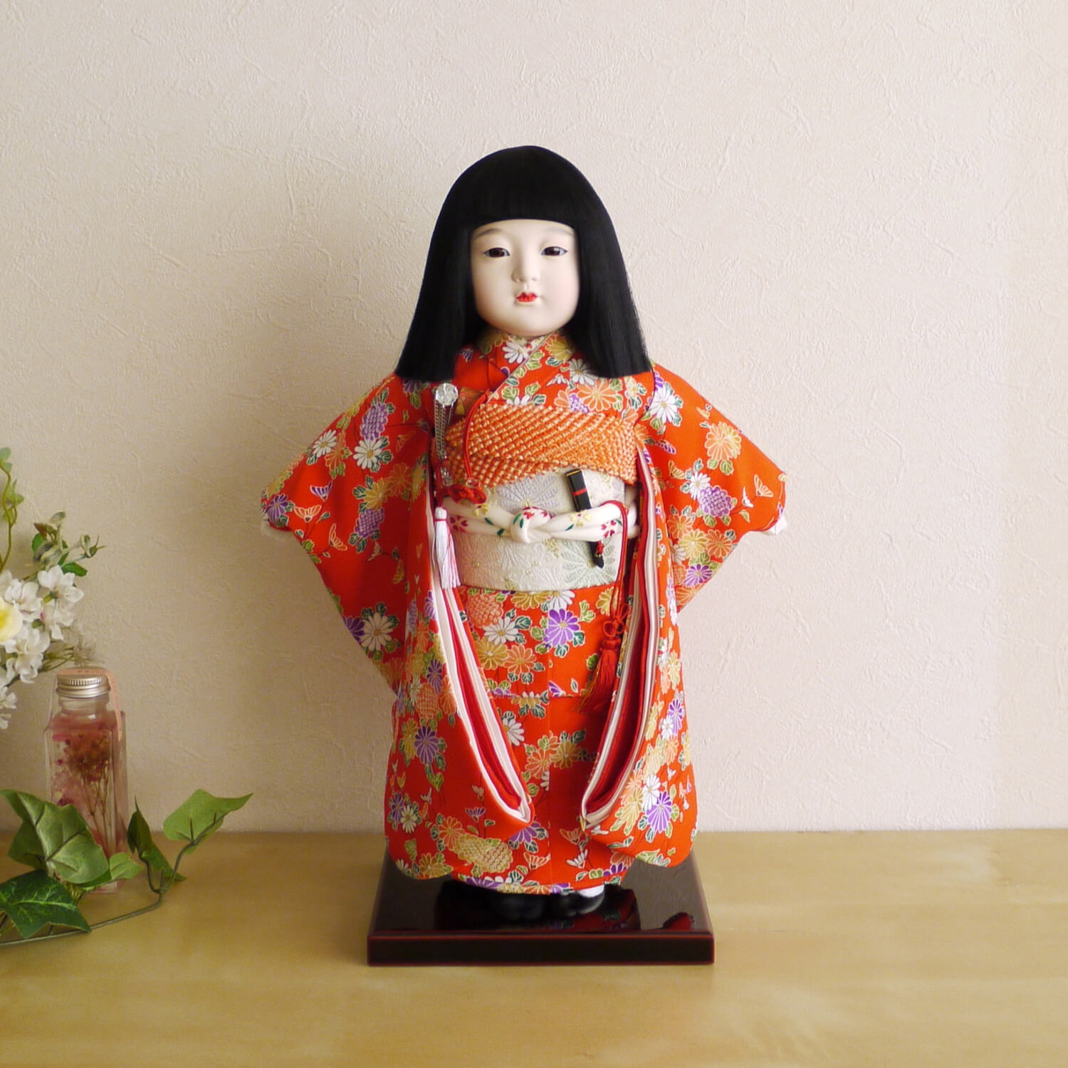 増村限定品 元賀章介作 11号 尺一 別染め 菊ちらし 赤色 越前本漆塗台 増村人形オリジナル作品 市松人形 女の子 かわいい 上品 童 国産 雛人形 お雛様 おひなさま お雛さま septicin Com
