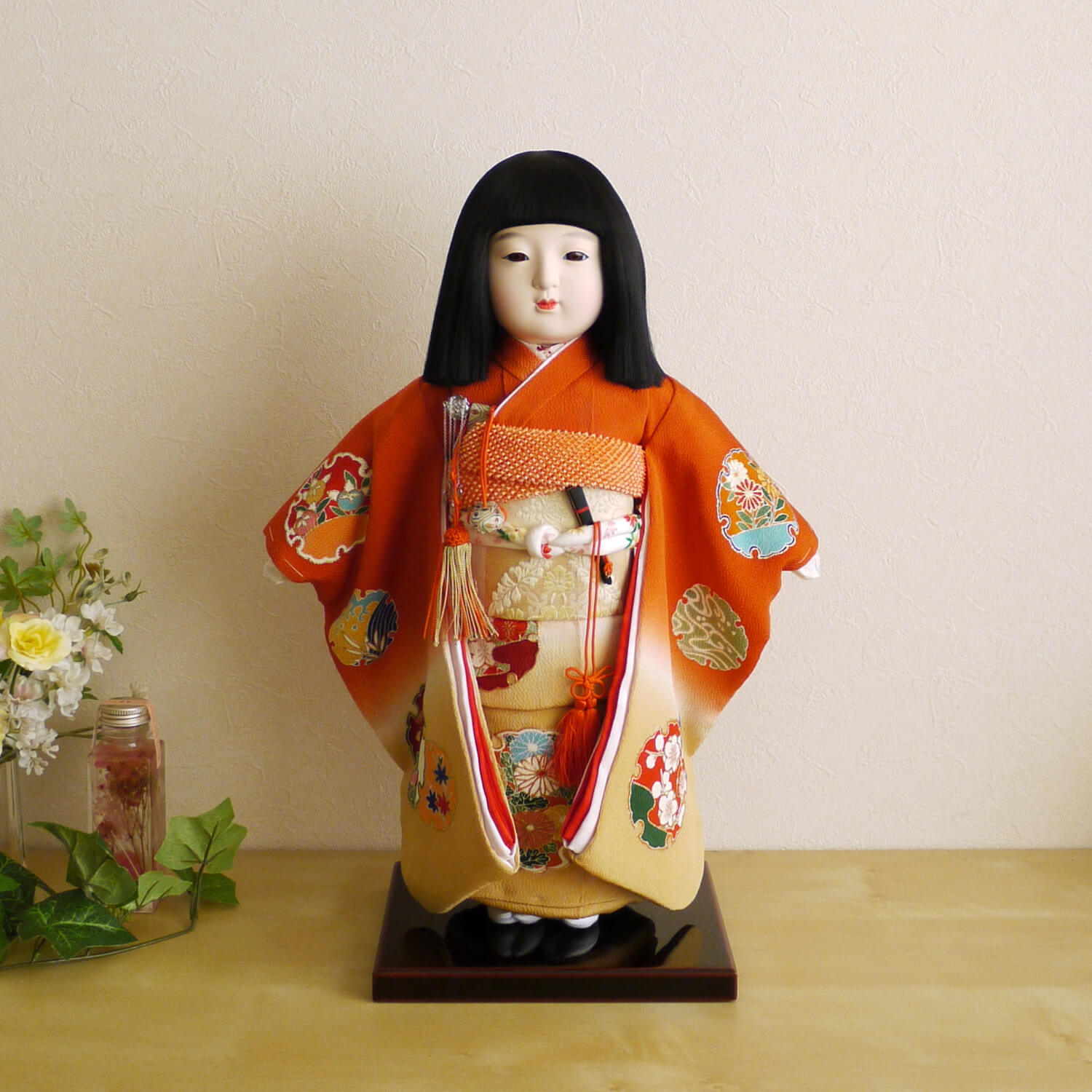 増村限定品 元賀章介作 12号 尺二 正絹手描 ぼかし雪輪 朱色 手塗本漆塗台 増村人形オリジナル作品 市松人形 女の子 かわいい 上品 童 国産 雛人形 お雛様 おひなさま お雛さま Rvcconst Com