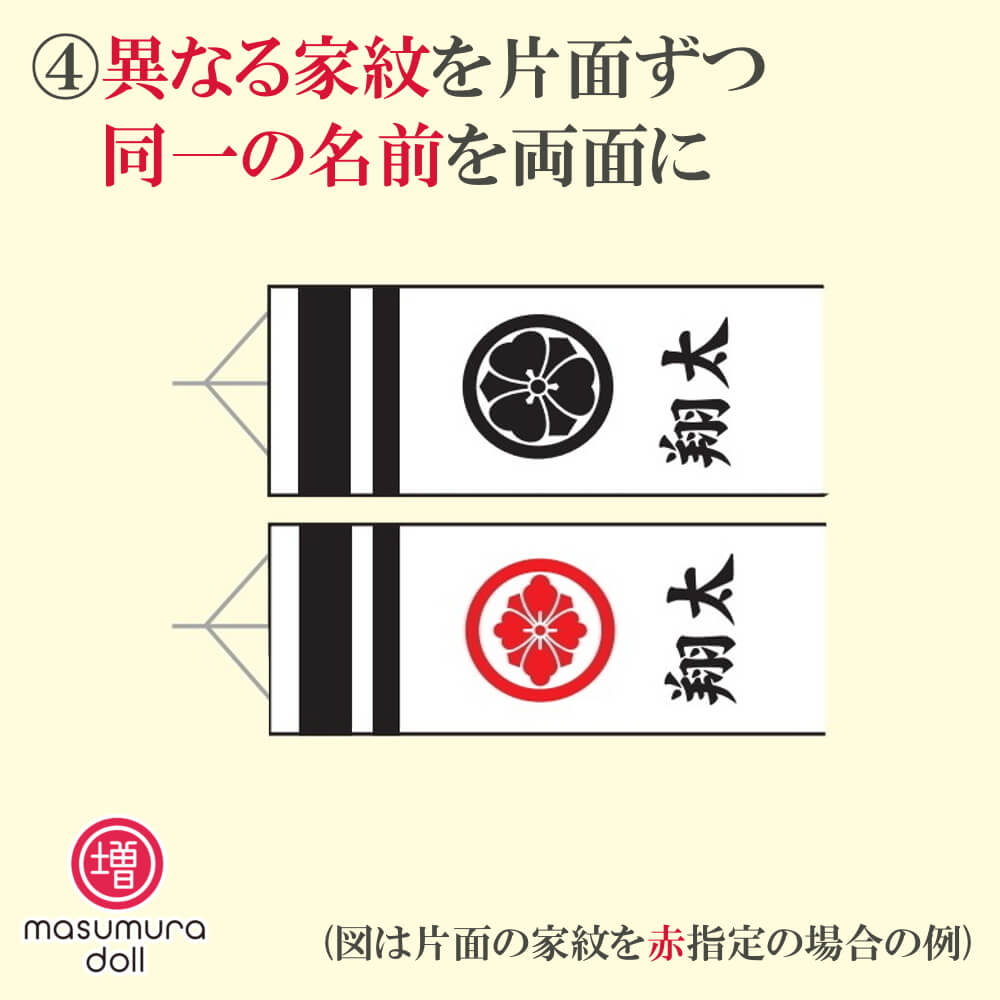 こいのぼり 吹流しの名前、家紋入れ異なる家紋を片面ずつ、同一の名前を両面に※吹流しの加工料金であり、吹流しと同時にこちらの商品を御購入下さい※徳永こいのぼり用 初節句 増村人形店 KM004｜人形の増村　店 14,414円