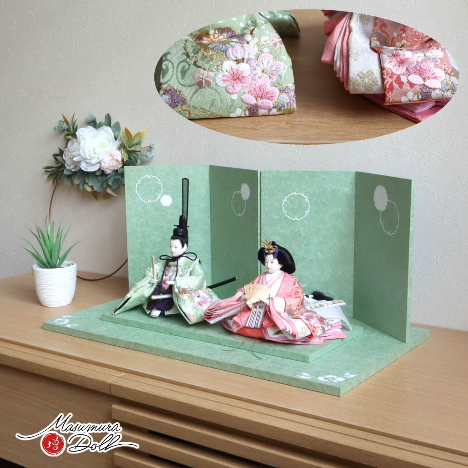 雛人形 コンパクト モダン おしゃれ インテリア ひな人形 おひなさま 華峰 芥子親王 桜刺繍 かわいい お雛様 雛 親王飾り 初節句 増村人形店 MMN2450|人形の増村 店