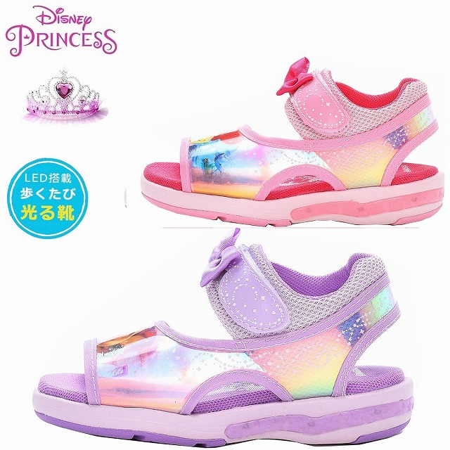 ムーンスター 子供靴 ディズニープリンセスのLED内蔵光るリトルマーメイド アリエル ラプンツェル サンダル MOONSTAR DISNEY DN C1332 パープル ピンク ディズニー ジュニア キッズ 送料込み画像