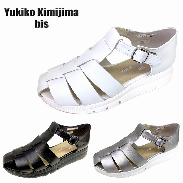 レディースレザーサンダル Yukiko kimijima bis ユキコキミジマビス 3010 黒いこと しろがね色 白いこと歩き分かりやすい 一般受け 履き分かりやすい 今めかしい 本革 幅ひろい