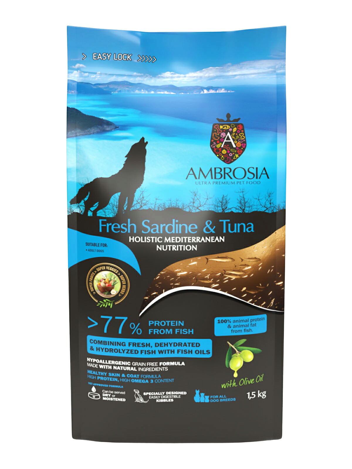 AMBROSIA アンブロシア HMNサーディン＆ツナ アダルト 小粒 1.5kg ドッグフード ドライフード 地中海シリーズ 正規品【PU0410】