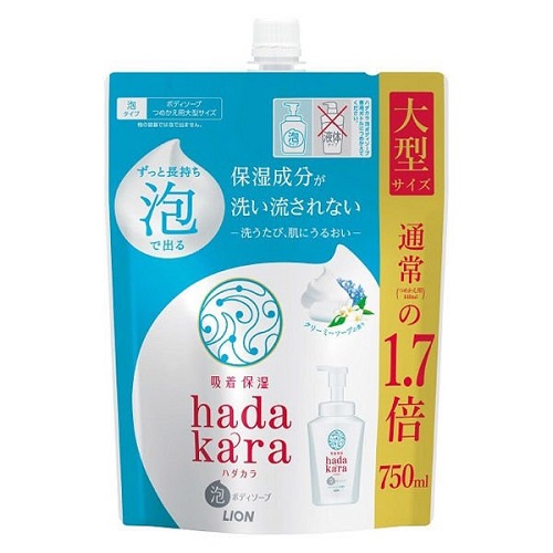 (送料無料)(まとめ買い・ケース販売)ハダカラ（hadakara）泡で出てくるタイプ クリーミーソープの香り つめかえ用 大型（750ｍL）（12セット）/ ライオン｜街の雑貨屋さん