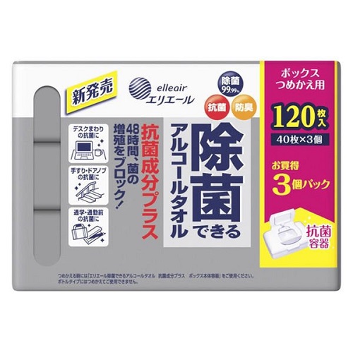 (送料無料)(まとめ買い・ケース販売)エリエール 除菌できるアルコールタオル 抗菌成分プラス　詰替用（40枚×3パック）（12個セット）/ 大王製紙