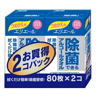 (送料無料)(まとめ買い・ケース販売)エリエール 除菌できるアルコールタオル 詰替用 160枚入(80枚×2個) （12個セット）/ 大王製紙