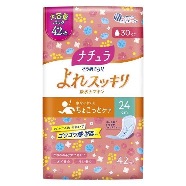 (送料無料)(まとめ買い・ケース販売)ナチュラ 吸水ケア さら肌さらりよれスッキリ吸水ナプキン 30cc　24ｃｍ（42枚）軽失禁（12個セット）/ 大王製紙（エリエール）
