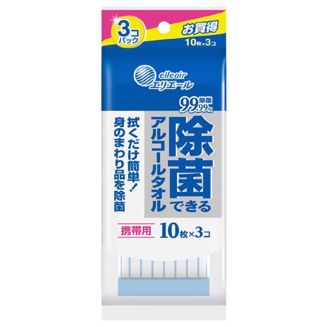 (送料無料)(まとめ買い・ケース販売)エリエール除菌できるアルコールタオル 携帯用（10枚&times;3個入）ウエットティッシュ（48個セット）/ 大王製紙｜街の雑貨屋さん