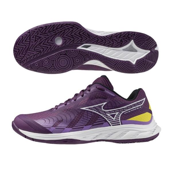 ミズノ　MIZUNO　バドミントンシューズ　ウエーブファング EL 2　[ユニセックス]　71GA242303　3Eフィットタイプ　03:パープル×ホワイト×イエロー