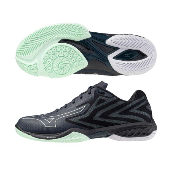 ミズノ　MIZUNO　バドミントンシューズ　ウエーブクローEL2 WIDE　[ユニセックス]　71GA258465　4Eワイドタイプ　65:ライトグレー&times;ホワイト&times;グリーン｜フットボールシティ