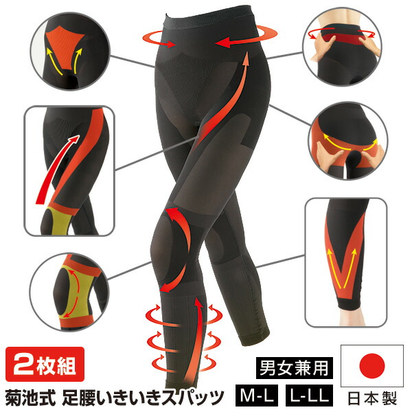 【選ぶ景品】 2枚組 送料無料 菊池式 足腰いきいきスパッツ 日本製 スパッツ サポーター 膝 腰 テーピングスパッツ 男女兼用 M-L L-LL 深履き レギンス 黒 ブラック 足腰イキイキスパッツ 膝サポーター 腰サポーター インナー 高齢者 歩行サ