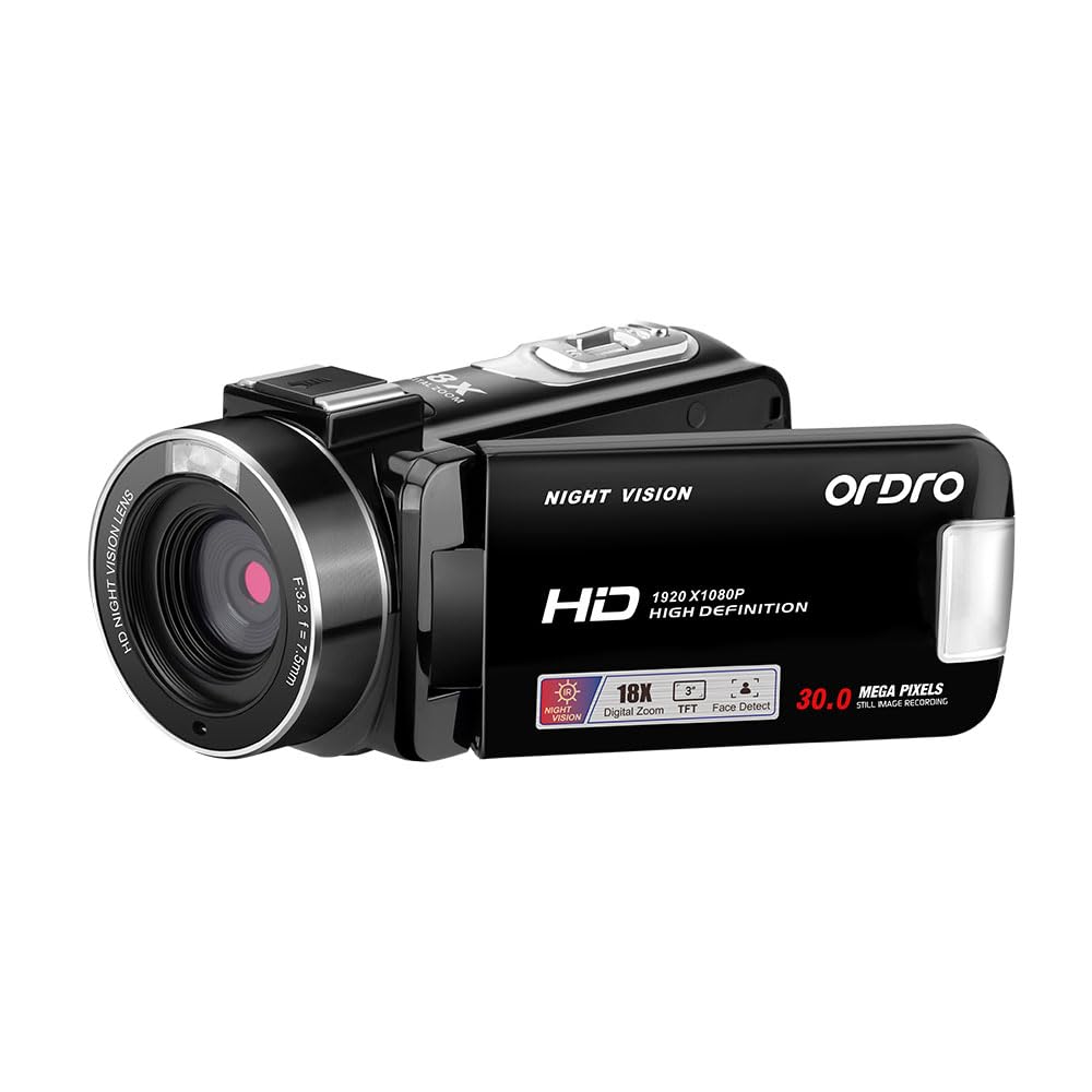 ORDRO B320 ビデオカメラ 1080P 30 FPS レコーダ フルHD 30 MP 18 Xデジタルズームカメラ、YouTubeビデオ記録カメラ Vlogカメラ 赤外線夜視、3.0インチ反転画面、電池2本、リモコン(黒)|松陰屋 店