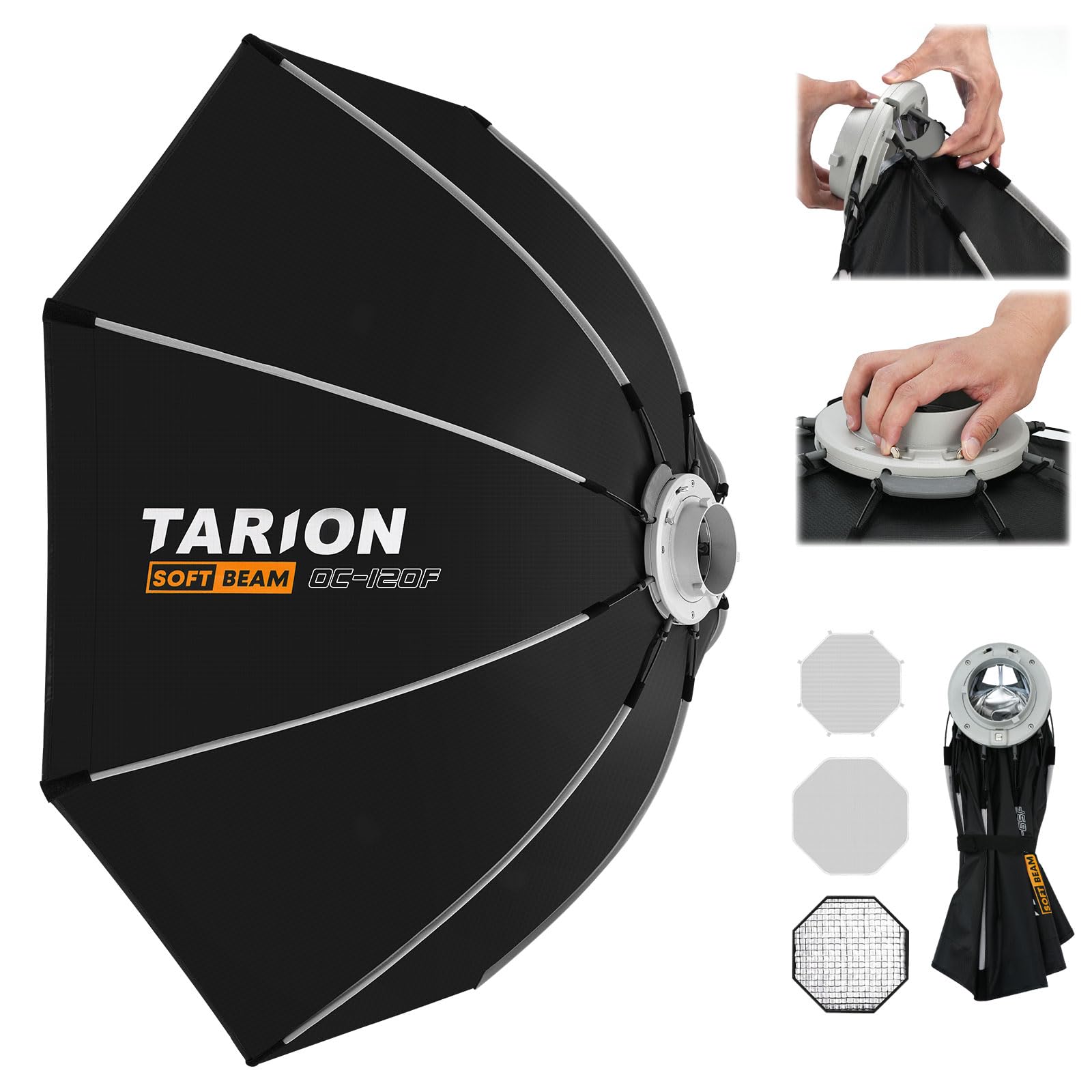TARION 八角形ソフトボックス120cm ワンタッチ クイックリリース ボーエンズマウント 折りたたみ式 ディフューザー/ハニカムグリッド/バッグ付き スピードライト/COBライト/ストロボライト対応 人物撮影 商品撮影 OC-120F（S型ブラケット