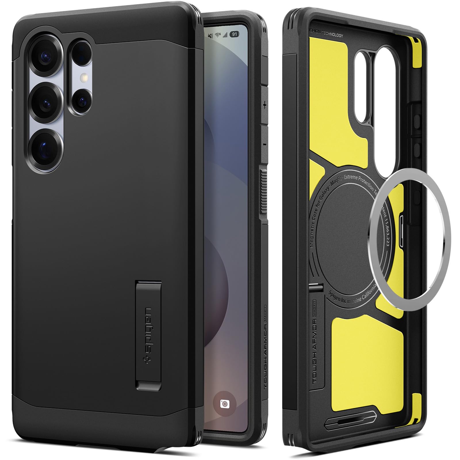 Spigen 【創業18年の技術力】 Galaxy S25 Ultra ケース MagSafe対応 マグネット搭載 スタンド付き マット 耐衝撃 米軍MIL規格 タフ・アーマー（AI）・マグフィット ACS08964 (マット・ブラック）
